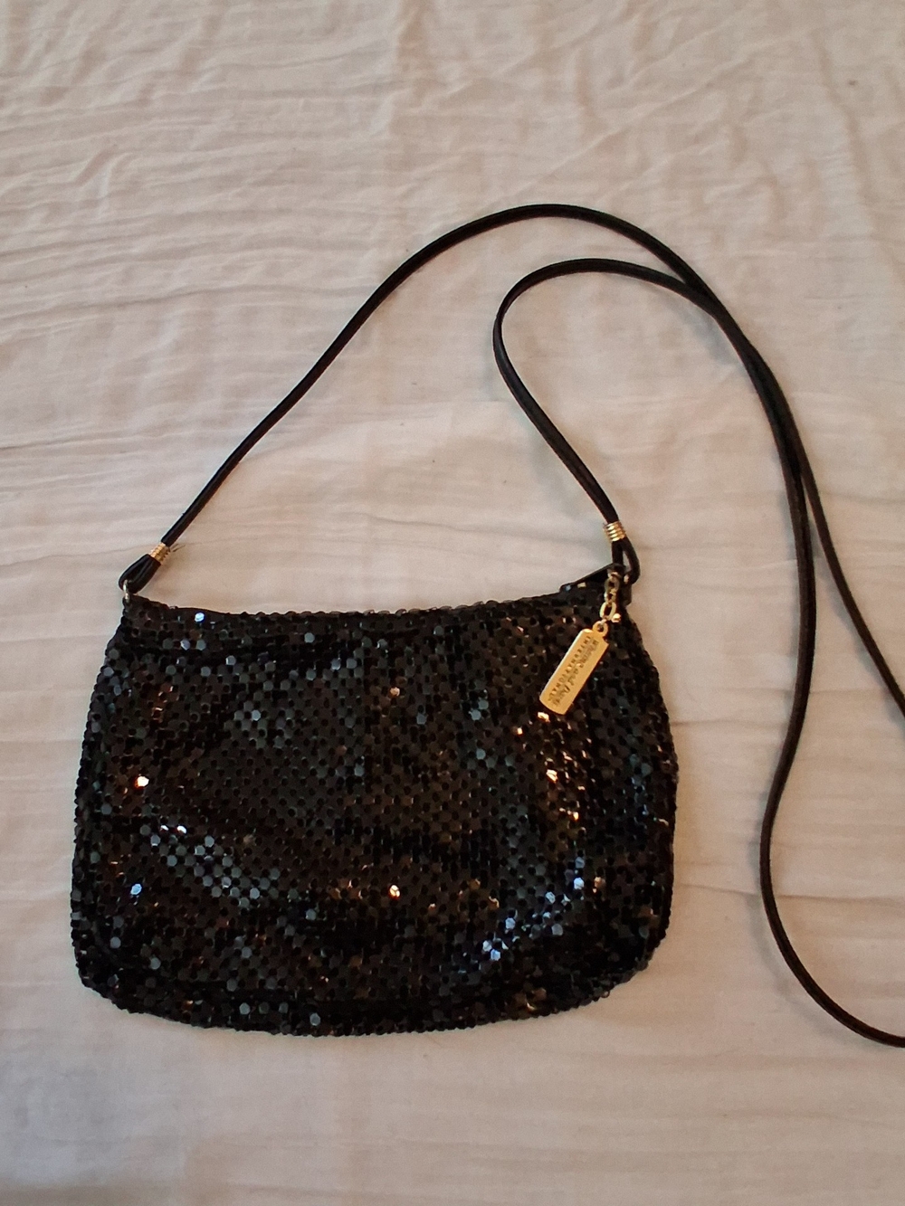 Whiting & Davis Black Chainmail Crossbody with Gold Tag